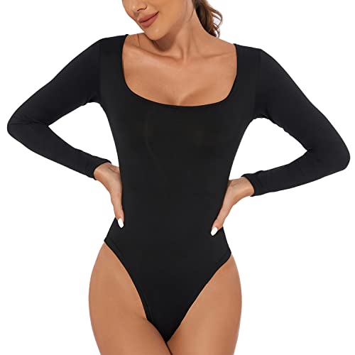 LAEMILIA Body Damen elegant Langarm sexy U neck Stringbody Damenbody Tops Unterziehbody Frauen Romper Shirts für Clubwear Schwarz 32 von LAEMILIA