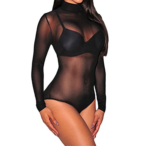 LAEMILIA Damen Bodys Rollkragen Langarm Bodysuit Overall Mesh Tops Romper Shirts für Clubwear (M, Schwarz) von LAEMILIA