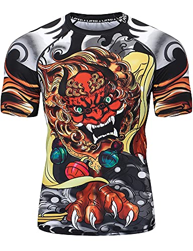 LAFROI Herren Kurzarm Kompressionsshirt UPF 50+ Rash Guard-CLY08D (Lion Dance,XXXL) von LAFROI