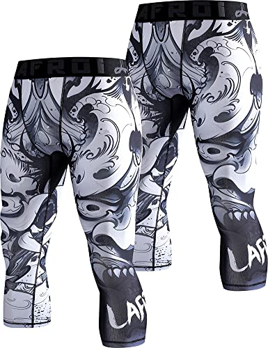 LAFROI Men's 2-Pack Compression Fit 3/4 Tights Leggings with Pcoket/Non-Pocket-YSK10 Hannya Size LG von LAFROI