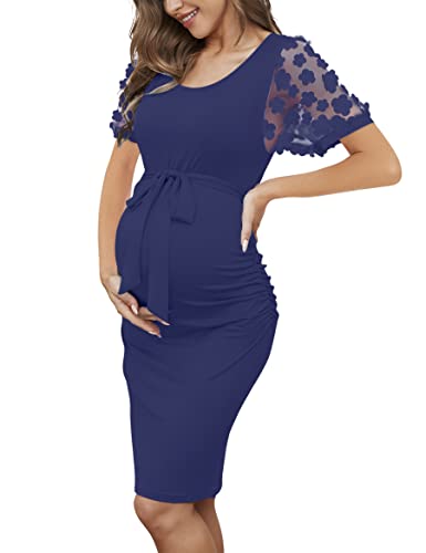 Langärmeliges Umstandsmidikleid aus Netzstoff mit Blumenmuster, figurbetontes Kleid für Babyparty, Fotoshooting, Kurze Ärmel, Marineblau, Mittel von LAHILO