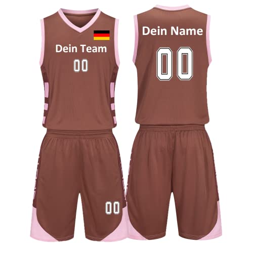 Benutzerdefiniert Basketball Trikots Kinder Herren mit Namen Nummber Logo Basketball Jersey Shirt und Shorts (Braun) von LAIFU