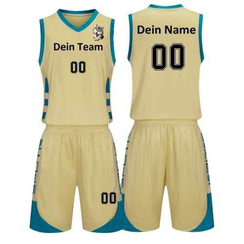 Benutzerdefiniert Basketball Trikots Kinder Herren mit Namen Nummber Logo Basketball Jersey Shirt und Shorts (hellgelb) von LAIFU