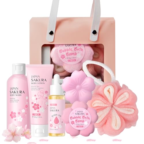 LAIKOU Sakura Körperpflege Set, Badeset Frauen Geschenk, 6-tlg Geschenkset Body mit Duschbalsam, Körpermilch, Pflegeöl Bad, Seife, Badebomben, Badeschwamm LAIKOU Sakura Körperpflege Set, Badeset Frauen Geschenk, 6-tlg Geschenkset Body mit Duschbalsam, Körpermilch, Pflegeöl Bad, Seife, Badebomben, Badeschwamm von LAIKOU