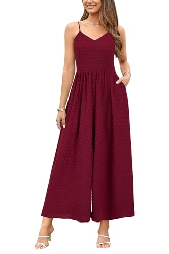 LAISHEN Jumpsuit Damen Sommer Overall Elegant Festlich Hochzeit Lang Hosenanzug Weites Bein Hose Playsuit mit Taschen (Wine, XL) von LAISHEN