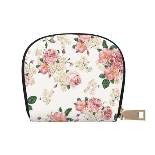 LAMAME Nette Mops gedruckt Leder Shell Karte Tasche Kreditkartenhalter Reißverschluss Kartenhalter Brieftasche, Rosa Rose Blume mit Blättern, Einheitsgröße von LAMAME