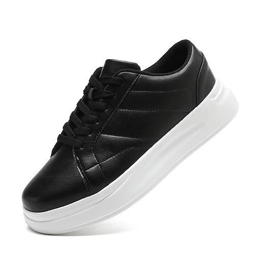 LANGFEUU Damen Turnschuhe Sneaker Flacher Absatz Leder Schuhe Wanderschuhe Straßenlaufschuhe rutschfest Frauen Halbschuhe Schwarz Weiß EU 37 von LANGFEUU