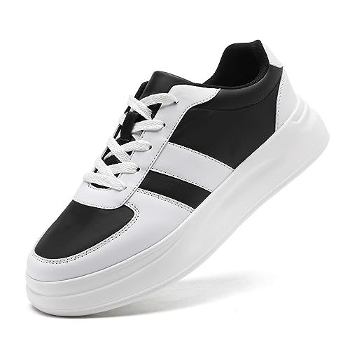 LANGFEUU Damen Turnschuhe Sneaker Leder Flacher Absatz Schuhe Wanderschuhe Straßenlaufschuhe rutschfest Frauen Halbschuhe Schwarz Weiß EU 39 von LANGFEUU