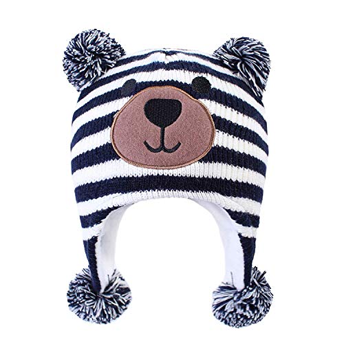 LANGZHEN Kleinkind Kinder Kleinkind Winter Hut, Earflap Strick Warm Cap Fleece gefütterte Mütze für Baby Boys (Bär-Navy Streifen, L(50-52CM/19.69"-20.47")) von LANGZHEN