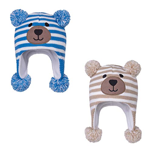 LANGZHEN Kleinkind Kinder Kleinkind Winter Hut, Earflap Strick Warme Kappe Fleece gefütterte Mütze für Baby Jungen Mädchen (Bär -Blauer Streifen+Bär -Beige Streifen, 12-24 Monate) von LANGZHEN