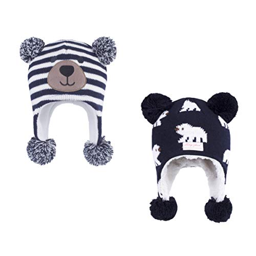 LANGZHEN Kleinkind Kinder Kleinkind Winter Hut, Earflap Strick Warme Kappe Fleece gefütterte Mütze für Baby Jungen Mädchen (Bär-Navy Streifen+Eisbär-Navy, 2-4 T) von LANGZHEN