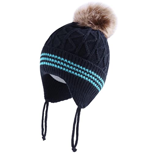 LANGZHEN Kleinkind Nette Pompom Design Beanie Stricken Warme Winter Hüte für Kleinkind Baby Boys (Navy, S,6-12,Months) von LANGZHEN