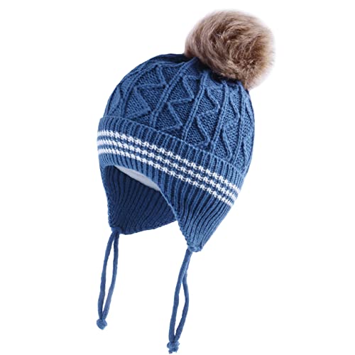 LANGZHEN Kleinkind Nette Pompom Design Beanie Stricken Warme Winter Hüte für Kleinkind Baby Boys (blau, M,1-2 Jahr) von LANGZHEN