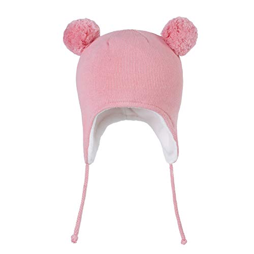 LANGZHEN Niedliche Pom Pom Babys Winter Hut Kleinkind Ohrklappe Strick Warme Kappe Für Jungen Mädchen Kleinkind Kinder Fleece gefütterte Mütze (Rosa, M(46-48CM/18.11"-18.9")) von LANGZHEN