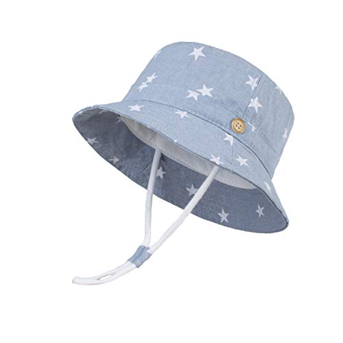 LANGZHEN Sonnenschutz Hut für Kinder Kleinkind Jungen Mädchen Wide Brim Sommer Spiel Hut Baumwolle Baby Eimer Hut mit Kinnriemen (Hellblau bis Sterne, L: 2T-4T (52cm /20.5")) von LANGZHEN