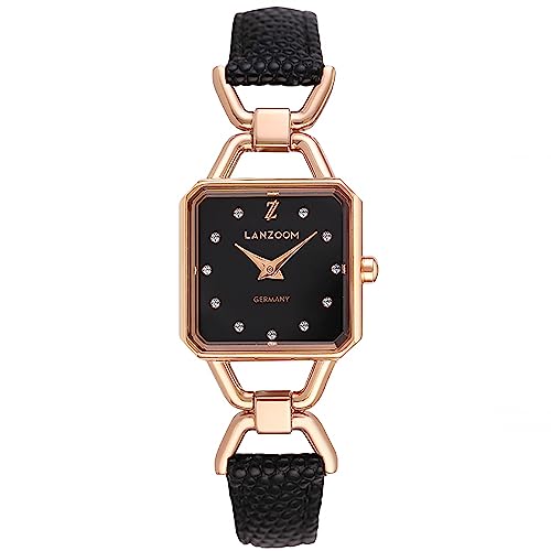 LANZOOM Damen Quarzuhr Elegant Kristall Gradation Quadratisches Zifferblatt Verstellbares Schwarzes Lederband 3ATM Wasserdicht Rose Gold Retro, Rotgold, Retro von LANZOOM