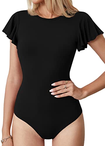 LAOLASI Damen Rundhals Body Rüschen Kurzarm Slim Fit Casual Basic Stretchy Sexy Body Alltag Jumpsuit T-Shirts, 01 Schwarz, S von LAOLASI