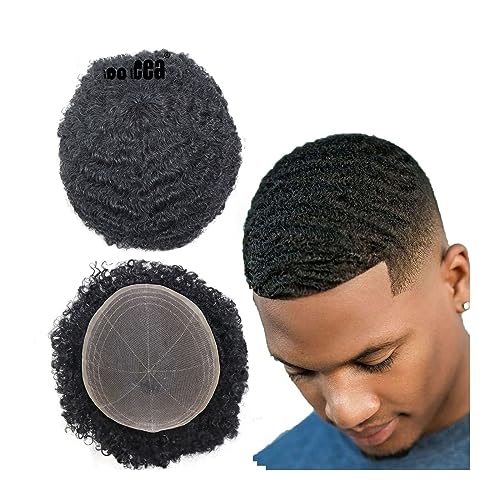 Herrenperücken Herren Toupet Afro Kinky Curly Haarteile 8"x10" Vollspitze Echthaar Ersatzeinheiten 6" Naturschwarzes Haarsystem 8mm Welle Männerhaarprothese für männliche Alltagskleidung von LAPADULA