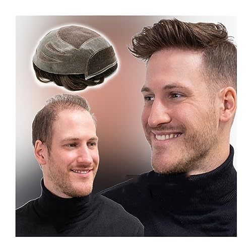 Herrenperücken Langlebiges Herren-Haarprothesen-Echthaarsystem, 25,4 x 20,3 cm, weiche Mono-Spitze und PU-Basis, Herren-Toupet, atmungsaktive, leicht gewellte Haarteile für männliche Alltagskleidung ( von LAPADULA