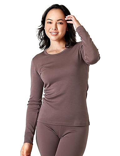 LAPASA Damen 100% Merinowolle Thermo Unterhemd, Premium Merino Wolle Thermounterwäsche, warmes Rundhals Langarmshirt Langarmpullover (L48), Hellbraun, XL von LAPASA