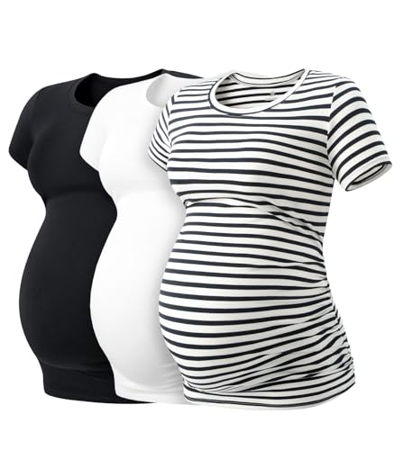 LAPASA Damen 3 er Pack Umstandstop Umstandsmode Umstandskleidung Tops Schwangerschaft Kurzarm Umstands T-Shirt L55, Schwarz, Blau gestreift, Weiß, M LAPASA Damen 3 er Pack Umstandstop Umstandsmode Umstandskleidung Tops Schwangerschaft Kurzarm Umstands T-Shirt L55, Schwarz, Blau gestreift, Weiß, M von LAPASA
