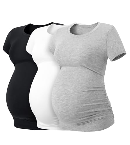 LAPASA Damen 3 er Pack Umstandstop Umstandsmode Umstandskleidung Tops Schwangerschaft Kurzarm Umstands T-Shirt L55, Schwarz, Weiß, Grau, L LAPASA Damen 3 er Pack Umstandstop Umstandsmode Umstandskleidung Tops Schwangerschaft Kurzarm Umstands T-Shirt L55, Schwarz, Weiß, Grau, L von LAPASA