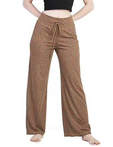 LAPASA Damen Haushose Freizeithose Loungewear Pyjamahose Yogahose Taschen Relaxed Fit L98, Brauner Leopard (Weite Hosenbeine), XL von LAPASA