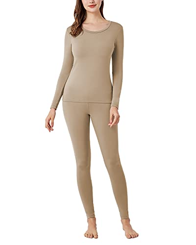 LAPASA Damen Innenfleece Thermounterwäsche Set, Thermooberteil & Thermohose Leggings Funktionsunterwäsche Sets, L17 Hellbraun, 100 Warm, M von LAPASA