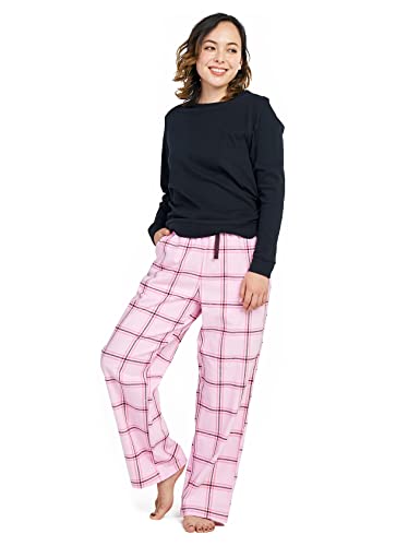 LAPASA Damen Pyjama Set 100% Baumwolle Schlafanzug Set Loungewear Jersey-Oberteil Flanellhose L96 (L, Schwarz + Pink & Braun) von LAPASA