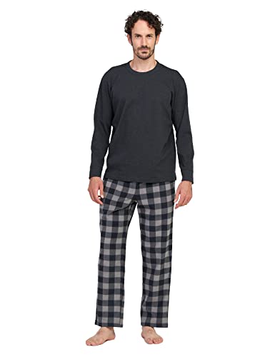 LAPASA Herren Pyjama-Set Relaxed Fit Schlafanzugset, Flecce Hose & Baumwolle Top M129, Grau Top + Grau & Schwarze Hose, M von LAPASA