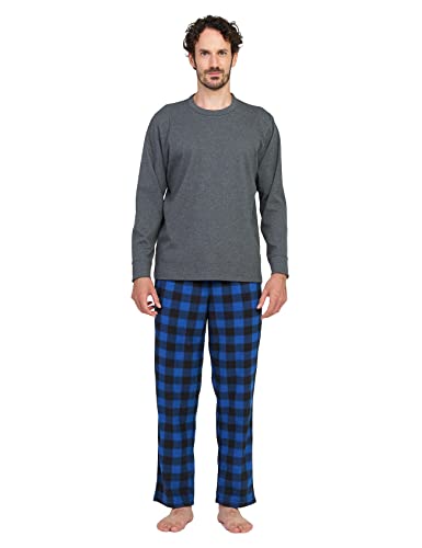 LAPASA Herren Pyjama-Set Relaxed Fit Schlafanzugset, Flecce Hose & Baumwolle Top M129, Grau Top + Blau & Schwarze Hose, L von LAPASA