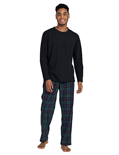 LAPASA Herren Pyjama-Set Relaxed Fit Schlafanzugset, Flecce Hose & Baumwolle Top M129, Schwarzes Top+ Grüne & Navy Hose, XL von LAPASA