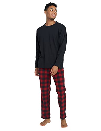 LAPASA Herren Pyjama-Set Relaxed Fit Schlafanzugset, Flecce Hose & Baumwolle Top M129, Schwarzes Top + Rote & Schwarze Hose, S von LAPASA