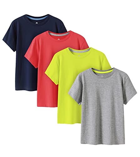 LAPASA Kinder T Shirt 100% Baumwolle 4er Pack Unisex 3-13 Jahre/ 95-165 Jungen Jungs Sport K01 (Grau, Gelb, Rot, Navy Blau, X-Small) von LAPASA