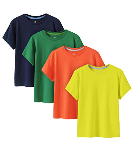 LAPASA Kinder T Shirt 100% Baumwolle 4er Pack Unisex 3-13 Jahre/ 95-165 Jungen Jungs Sport K01 (Orange, Zitronengelb, Grün, Blau, XX-Small) von LAPASA