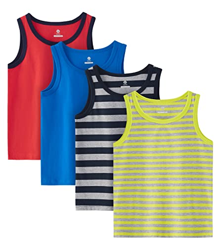 LAPASA Kinder 4er Pack Baumwoll Tanktop Top Hemd Trägertop (Gelb + Grau gestreift, Grau + Navy Blau gestreift, Rot, Blau,Medium) von LAPASA