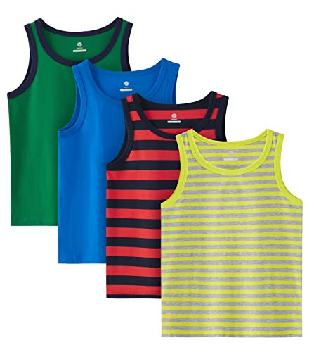 LAPASA Kinder 4er Pack Baumwoll Tanktop Top Hemd Trägertop (Rot + Navy Blau gestreift, Gelb + Grau gestreift, Grün, Blau,Large) von LAPASA