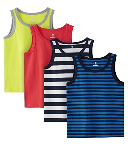 LAPASA Kinder 4er Pack Baumwoll Tanktop Top Hemd Trägertop (Blau + Navy Blau gestreift, Weiß + Navy Blau gestreift, Gelb, Rot,Small) von LAPASA