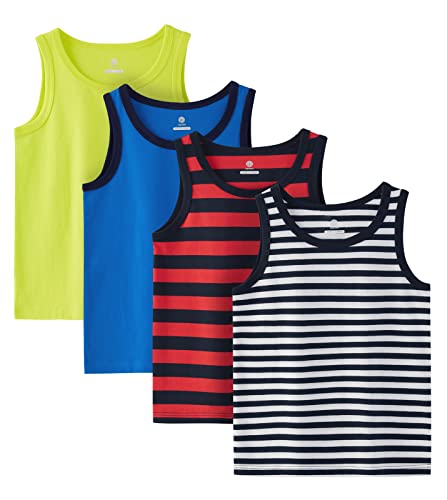 LAPASA Kinder 4er Pack Baumwoll Tanktop Top Hemd Trägertop (Rot + Navy Blau gestreift, Weiß + Navy Blau gestreift, Blau, Gelb,Small) von LAPASA