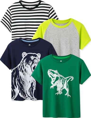 LAPASA Kinder T Shirt 100% Baumwolle 4er Pack Unisex 3-13 Jahre/ 95-165 Jungen, Grün Dino, Blau Bär, Grau+Gelb, Streifen, 9-10 Jahre von LAPASA