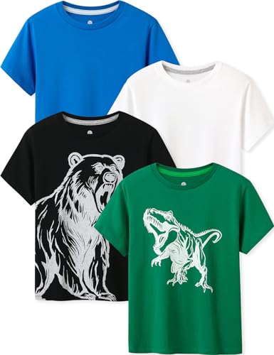 LAPASA Kinder T Shirt 100% Baumwolle 4er Pack Unisex 3-13 Jahre/ 95-165 Jungen, Grün Dino, Schwarz Bär, Blau, Weiß, 3-4 Jahre von LAPASA