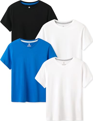 LAPASA Kinder T Shirt 100% Baumwolle 4er Pack Unisex 3-13 Jahre/ 95-165 Jungen, Weiß,Schwarz,Weiß V-Ausschnitt, Blau V-Ausschnitt, 11-12 Jahre von LAPASA