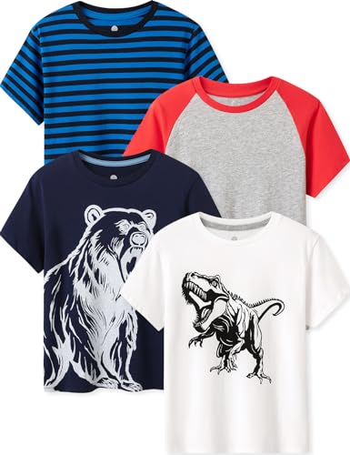 LAPASA Kinder T Shirt 100% Baumwolle 4er Pack Unisex 3-13 Jahre/ 95-165 Jungen, Weiß Dino, Blau Bär, Grau+Rot, Blaue Streifen, 11-12 Jahre von LAPASA