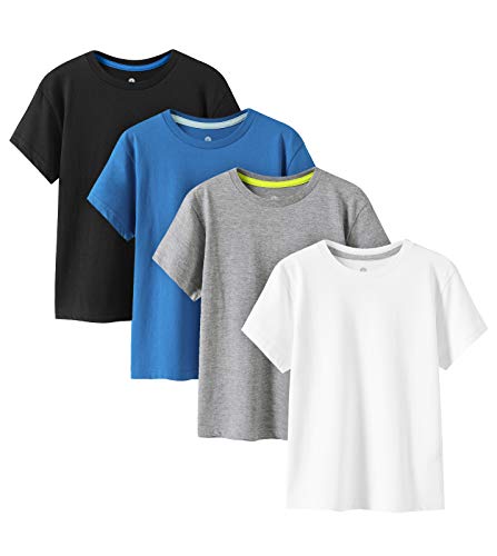 LAPASA Kinder T Shirt 100% Baumwolle 4er Pack Unisex 3-13 Jahre/ 95-165 Jungen Jungs Sport K01 (Schwarz, Weiß, Hellgrau, Blau, XX-Small) von LAPASA