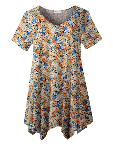 LARACE Oberteile in Übergröße für Damen, Sommerkleidung, kurzärmelig, lässig, V-Ausschnitt, Tunika, asymmetrische Blusen, Orange, 38 buntes Blumenmuster, 1X LARACE Oberteile in Übergröße für Damen, Sommerkleidung, kurzärmelig, lässig, V-Ausschnitt, Tunika, asymmetrische Blusen, Orange, 38 buntes Blumenmuster, 1X von LARACE