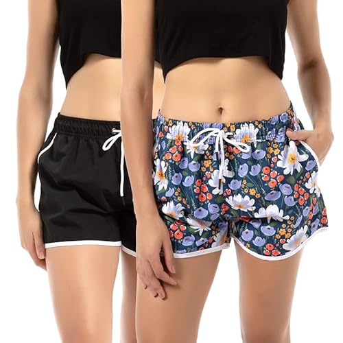 LARGERED 2 Pack Badeshorts Damen Sommer Kurze Badehose Schnelltrocknend Schwimmshorts UV Schutz Strandshorts Sporthose Trainingshose Yogahose Mit Tasche und Gummizug,Schwarz Blumen,XL von LARGERED