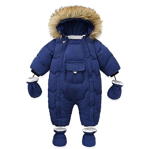 LAT Baby Winter Schneeanzug mit Handschuhen und Schuhen, Unisex Baby Strampler Flanell, Baby Overall Winter mit Kapuze Unisex-Jumpsuit für Jungen Mädchen (S, Dunkelblau) von LAT LEE AND TOWN