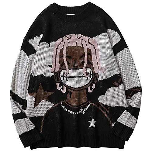 LATAHUO Herren Anime Rapper Strickpullover Langarm Rundhalsausschnitt Casual Unisex Hip Hop Harajuku Streetwear Sweatshirt(Schwarz, Small) von LATAHUO