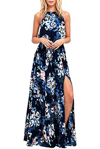 Lath.Pin Sommer-Strandkleid für Damen, Blumenmuster, mit Schultern, Schlitz vorne, Bohème-Stil, lang, für Party, Abendveranstaltung, Zeremonie Gr. Large, 457-blau von LATH.PIN