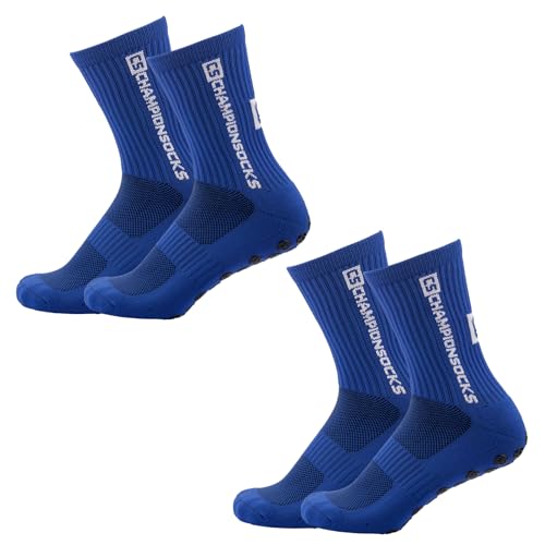 LAUMOE 2 Paare Grip Socken Fussball, Fußball Socken, Football Socks, Socken Fussball Fußballsocken 39-44 Rutschfeste Sportsocken für Fussball Basketball Laufen (Blau) von LAUMOE